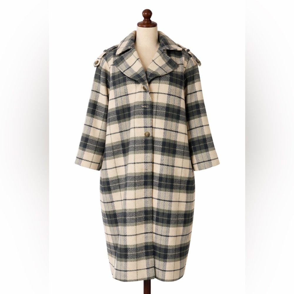 Banana Republic plaid overcoat. Wool blend. Button front jacket, green cream- XL